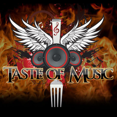 Taste of Music Logo. Shows a Flying Fork With 3 Speakers in front of it. Flaming Background, and Gold Trimmed Black Lettering in front that reads "Taste of Music".