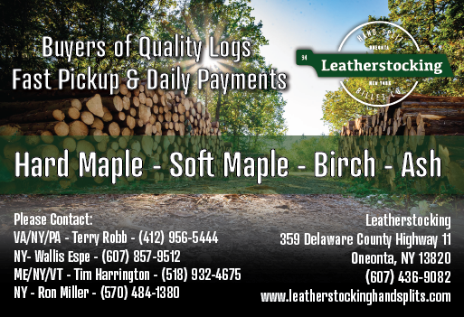 Log Buyers Advertisement depicting a sunny forest with stacked, cut logs.