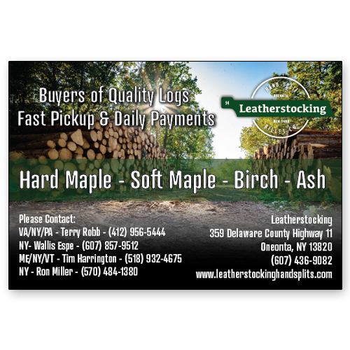 Log Buyers Advertisement depicting a sunny forest with stacked, cut logs.