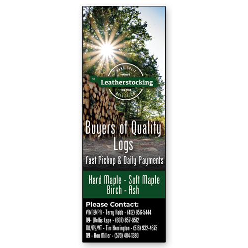 Log Buyers Advertisement depicting a sunny forest with stacked, cut logs.- in a vertical format