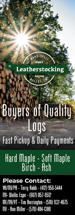 Log Buyers Advertisement depicting a sunny forest with stacked, cut logs. in a vertical format