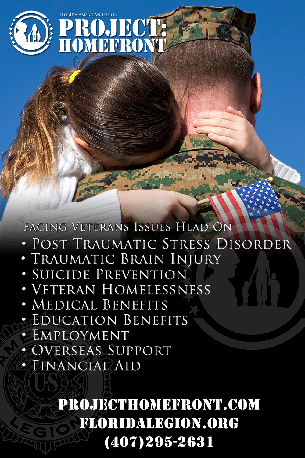 Project: Homefront Poster showing a U.S. MArine hugging a little girl in a white sweater holding an American Flag.