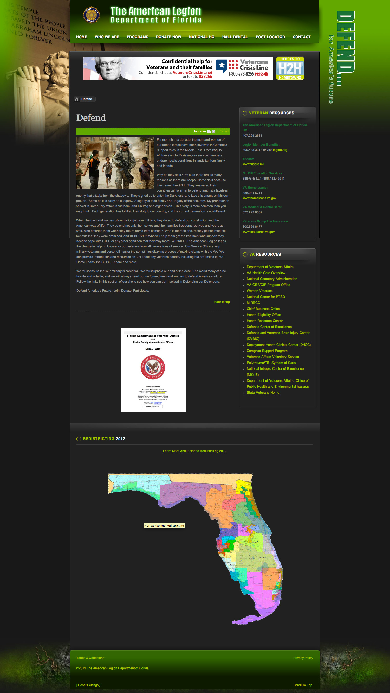 screenshot of floridalegion.org defend landing page circa 2010.