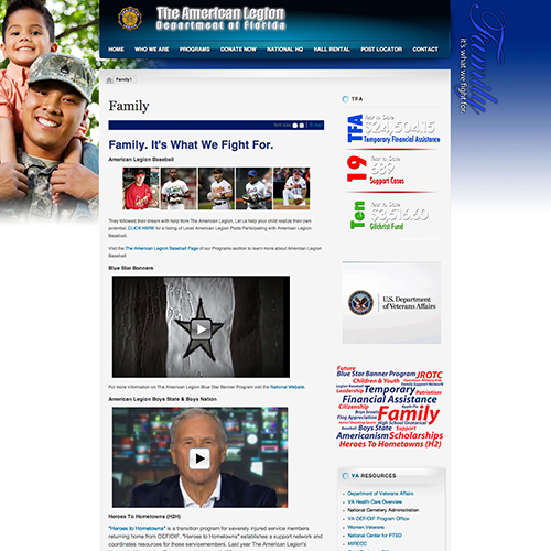 screenshot of floridalegion.org family landing page circa 2010.